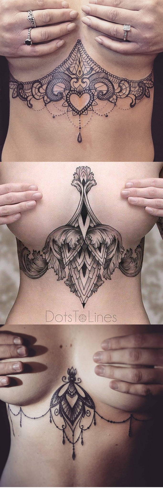 Sternum Tattoo Ideas for Women at MyBodiArt.com - Underboob Mandala Lotus Tat - Black Henna Heart Feather Tatt