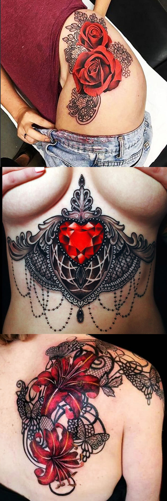Rose Tattoo Ideas for Shoulder at MyBodiArt.com - Womens Red Heart Sternum Underboob Tatt - Black Henna Thigh Lace Tat