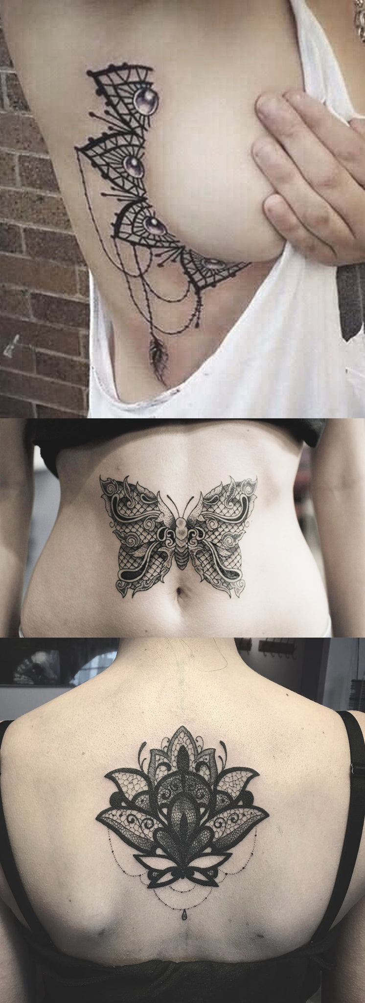 Side Boob Lace Chandelier Tattoo Ideas at MyBodiArt.com - Butterfly Stomach Tat for Women - Lotus Spine Back Tatt