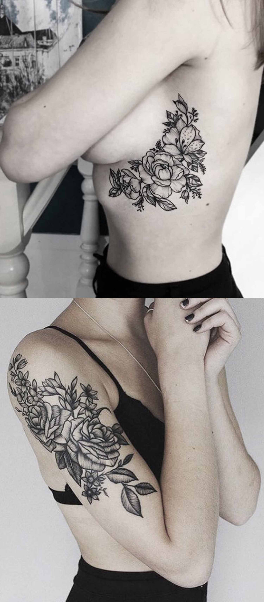 Wild Rose Floral Flower Black Rib Arm Sleeve Tattoo Ideas at MyBodiArt.com