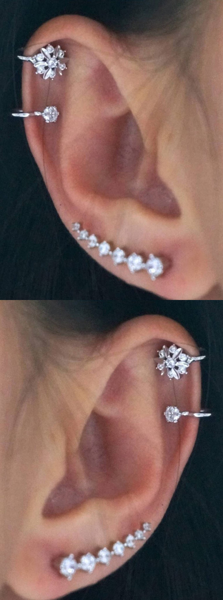 Classy Ear Piercing Ideas at MyBodiArt.com - Double Cartilage Helix Ring - Crystal Ear Climber Earring 