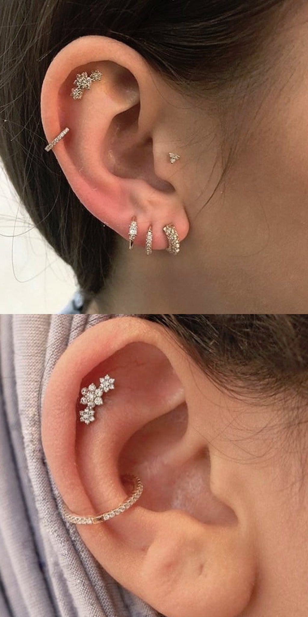 Celebrity Multiple Ear Piercing Ideas at MyBodiArt.com - Triple Flower Cartilage Earring Stud - Single Cartilage Ring - Conch Jewelry