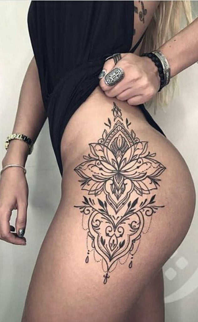 Cool Lotus Mandala Thigh Tattoo Ideas for Women Black Henna Chandelier Hip Tat - www.MyBodiArt.com 
