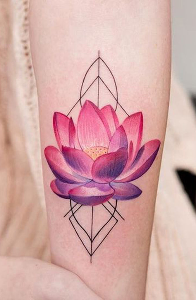 Geometric Watercolor Pink Lotus Lily Forearm Tattoo Ideas for Women Delicate Beautiful Floral Flower Arm Tattoo - www.MyBodiArt.com 