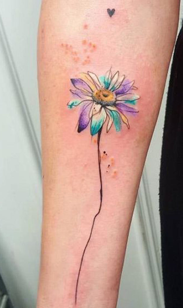 Unique Watercolor Daisy Purple Blue Floral Flower Forearm Tattoo Ideas for Women -  acuarela margarita antebrazo tatuaje ideas para mujeres - www.MyBodiArt.com 