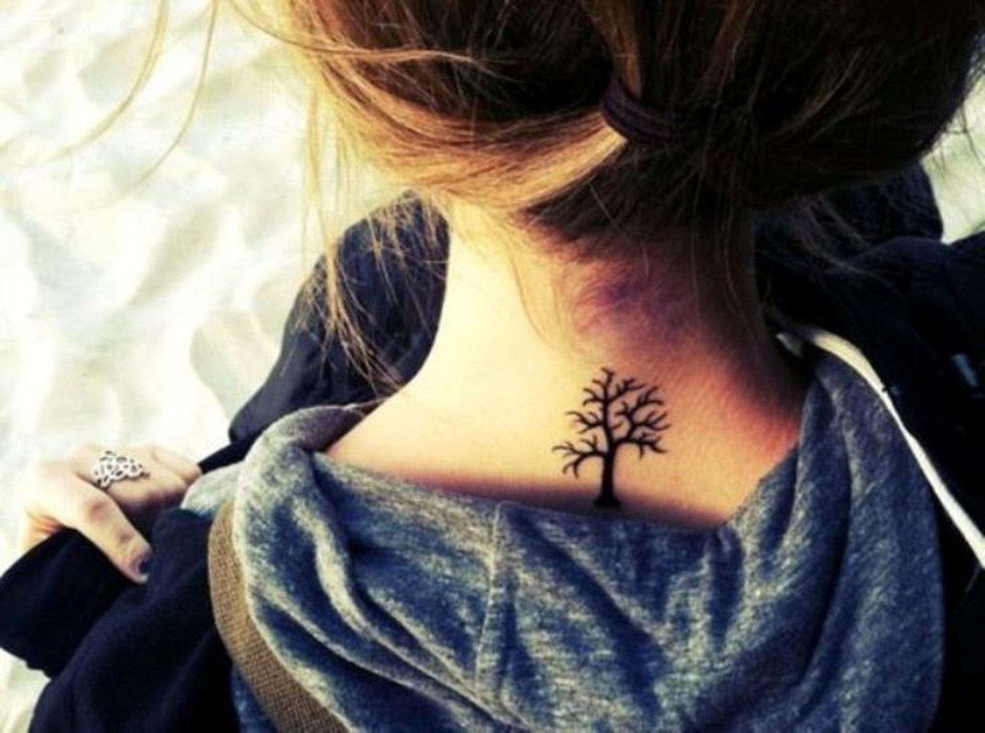 Back of Neck Tattoos for Women - Oak Tree Silhouette Tat Ideas at MyBodiArt.com