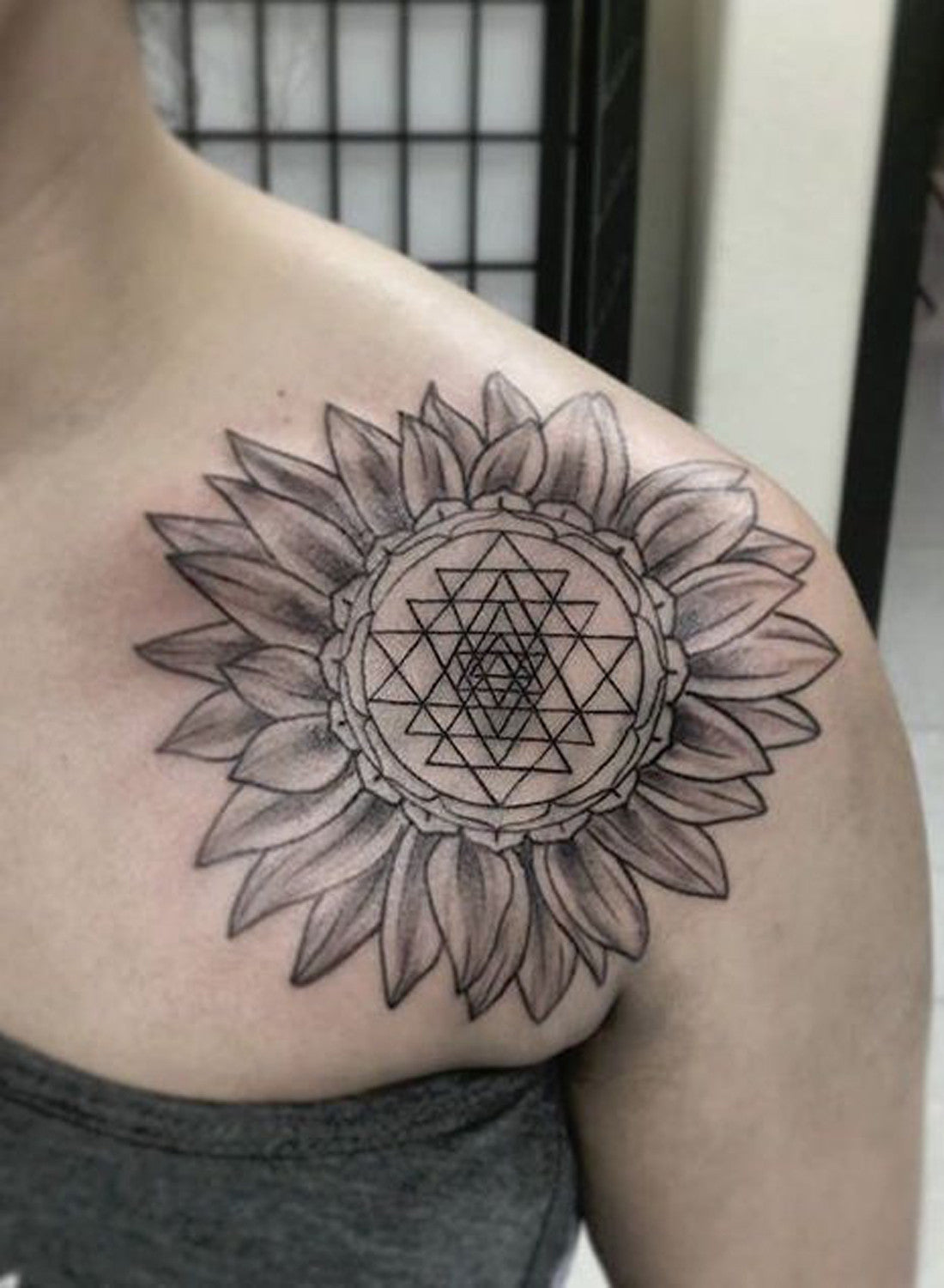 Sunflower Floral Tattoo on Shoulder - Large Geometric Mandala Design at MyBodiArt.com 