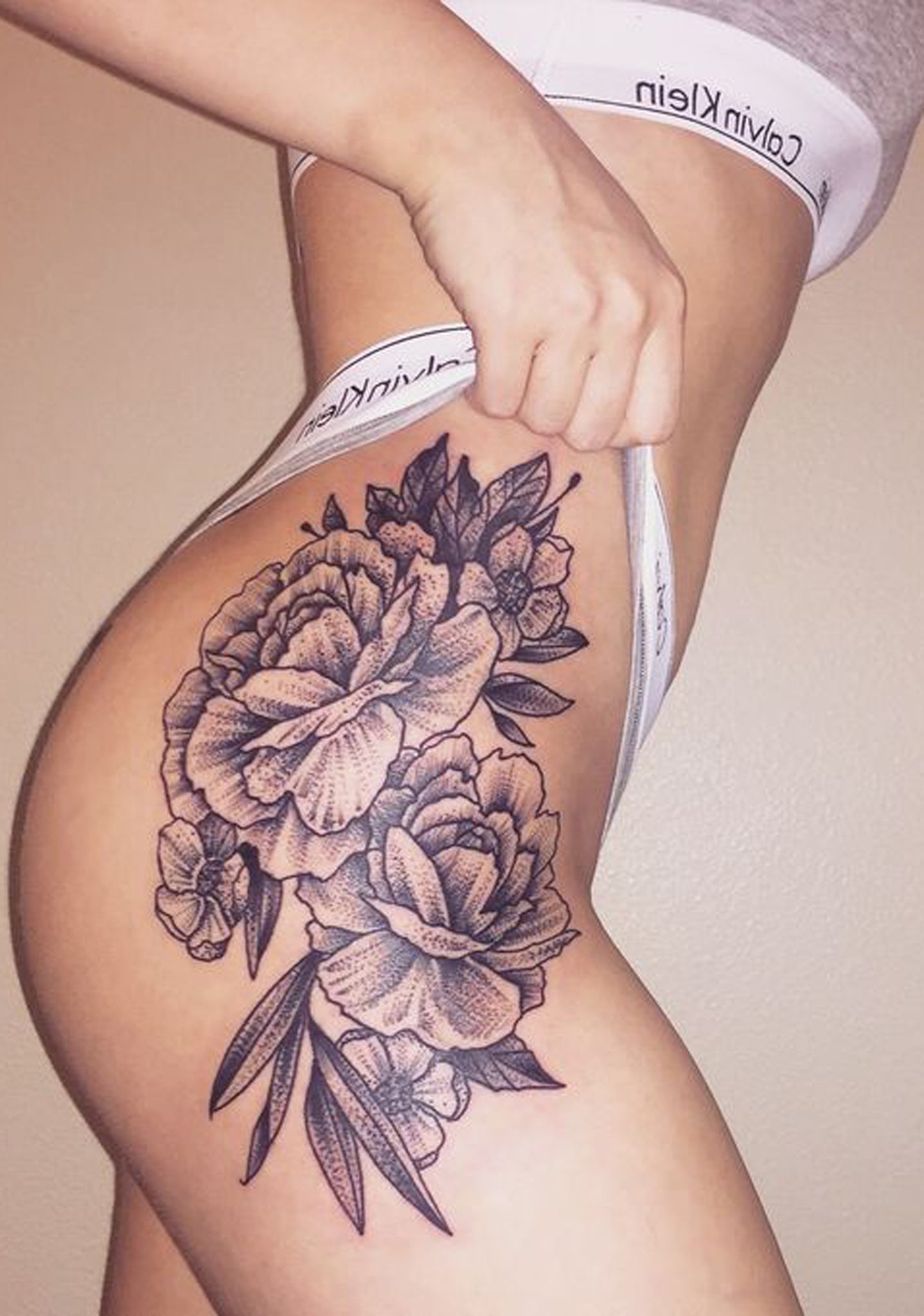 Black and White Flower Hip Tattoo Ideas for Women - Delicate Realistic Wild Rose Thigh Tat - www.MyBodiArt.com