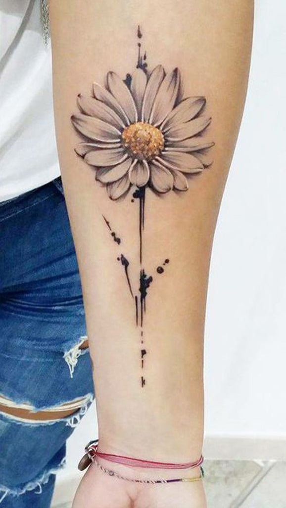 Beautiful Realistic Daisy Floral Flower Forearm Tattoo Ideas for Women -  acuarela margarita antebrazo tatuaje ideas para mujeres - www.MyBodiArt.com 