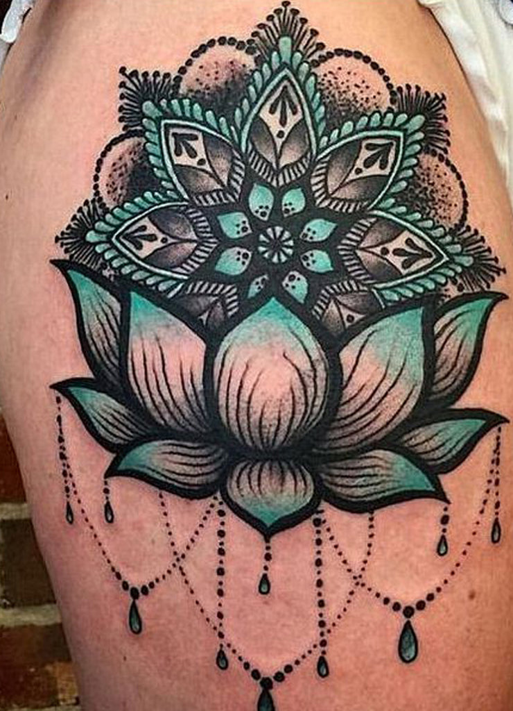 Cool Watercolor Blue Lotus Mandala Thigh Tattoo ideas for Women -  hermosa acuarela loto mandala muslo tatuaje ideas para mujeres - www.MyBodiArt.com 