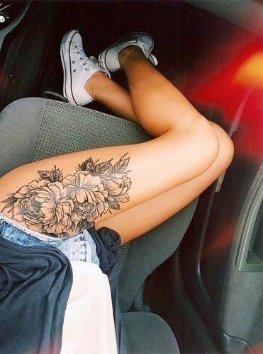 Black Rose Large Thigh Tattoo Ideas for Women at MyBodiArt.com - Floral Flower Leg Tatt 