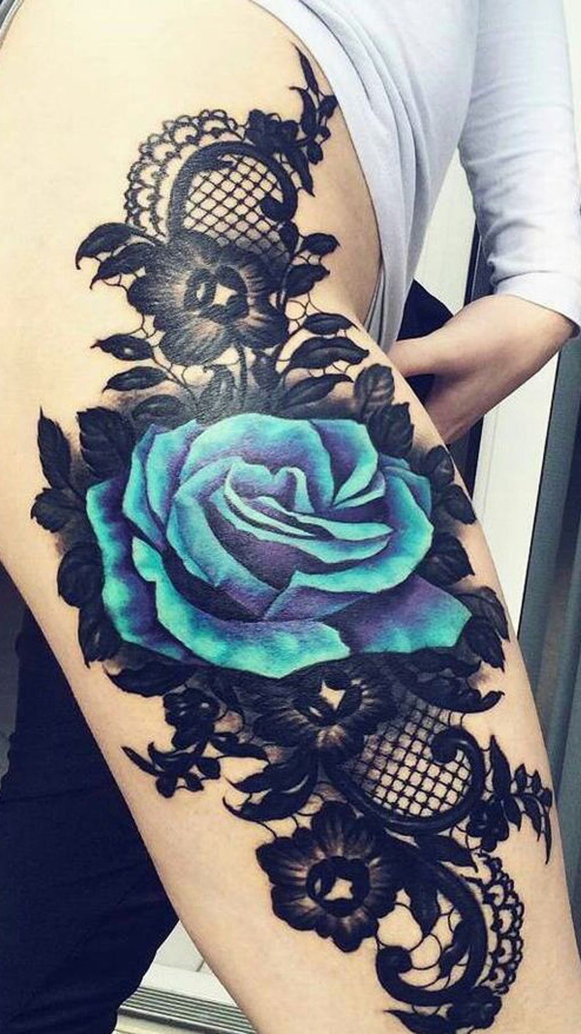 Watercolor Flower Thigh Tattoo Ideas for Women at MyBodiArt.com - Blue Floral Rose Black Lace Tat 