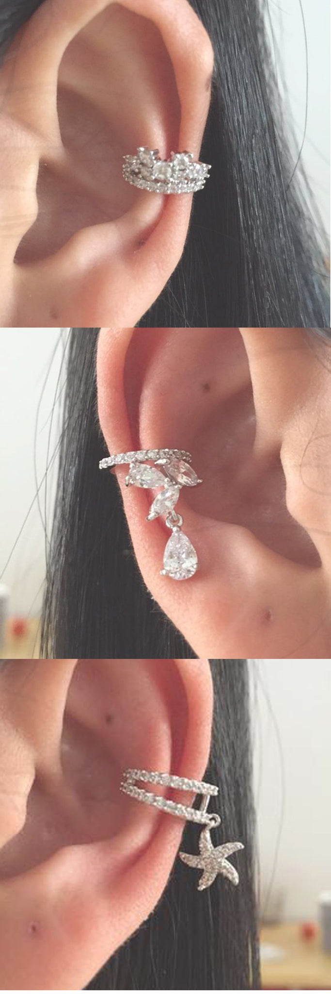 Simple Flat Silver Ear Piercing Ideas - Artes Oreja - Oor Piercing - Crystal Cartilage Helix Conch Ring Earrings 