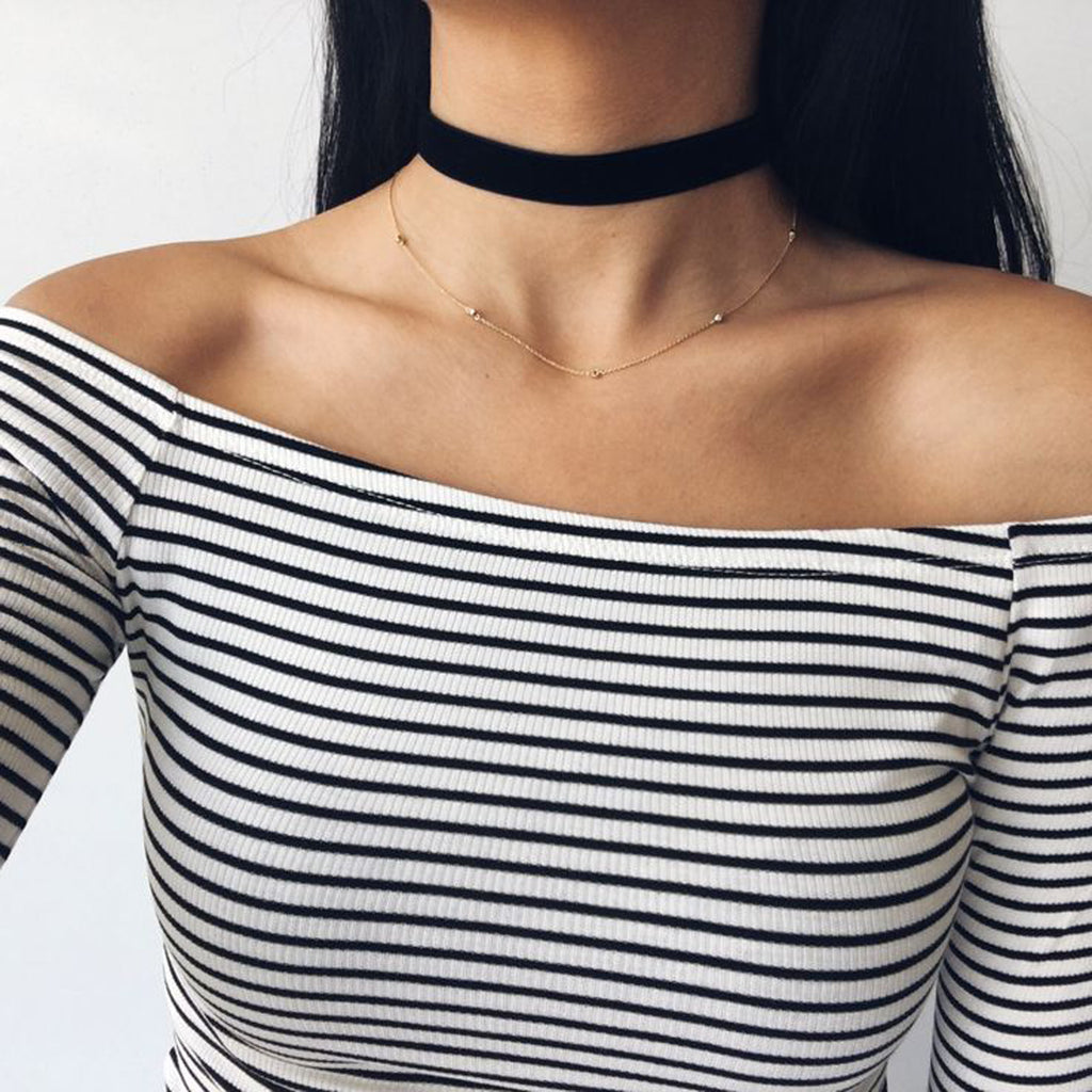 Simple Black Velvet Choker Outfit Ideas + Striped Black and White Off the Shoulder Shirt at MyBodiArt.com