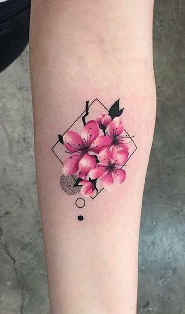 Geometric Cherry Blossom Watercolor Forearm Tattoo Ideas for Women -  acuarela geométrica rosa cereza flor antebrazo tatuaje ideas para mujeres - www.MyBodiArt.com 