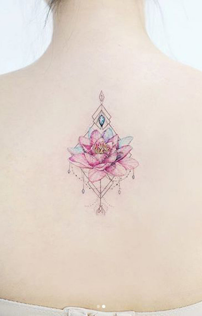 Geometric Watercolor Flower Chandelier Back Tattoo Ideas for Women Pink Floral Flower Spine Tattoo -  lirio de loto de acuarela ideas de tatuaje de vuelta - www.MyBodiArt.com