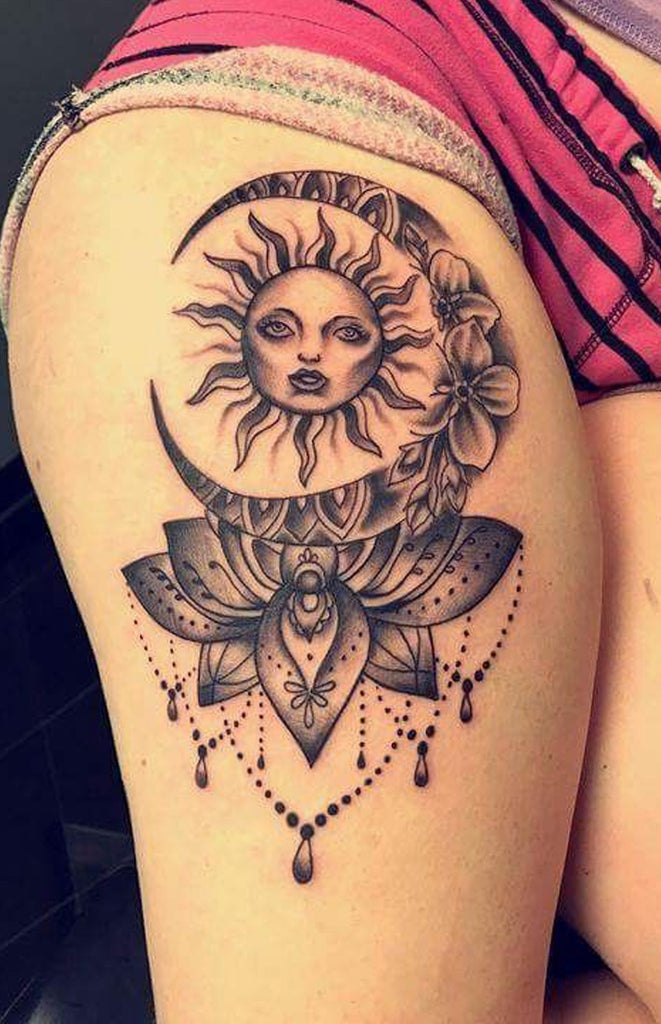 Cool Unique Sun and Moon Chandelier Thigh Hip Tattoo Ideas for Women -  ideas frescas y únicas del tatuaje del muslo del sol y de la luna para las mujeres - www.MyBodiArt.com