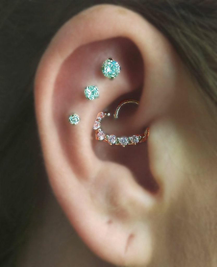Multiple Ear Piercing Ideas at MyBodiArt.com - Crystal Heart Rook Ring - 16G Cartilage Constellation Studs 