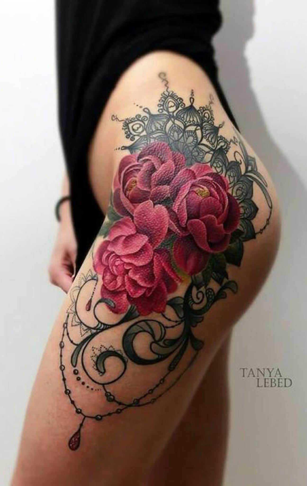 Watercolor Rose Thigh Tattoo Ideas at MyBodiArt.com - Black Lace Upper Leg Tatt