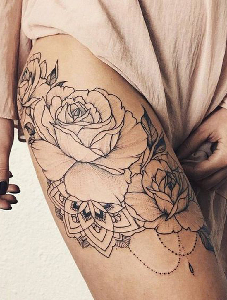 Beautiful Realistic Rose Chandelier Thigh Tattoo Ideas for Women -  ideas realistas del tatuaje del muslo color de rosa para las mujeres - www.MyBodiArt.com 