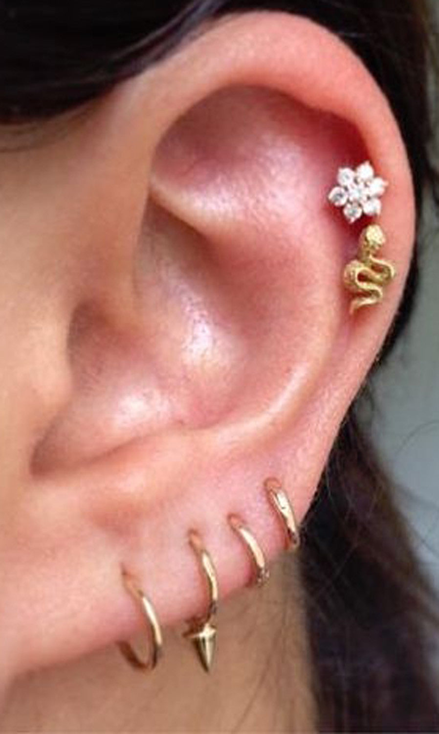 Cute Ear Piercing Ideas for Women - Crystal Flower Helix Piercing Jewelry - Gold Snake Cartilage Piercing Stud  - Earring Jewellery - MyBodiArt.com