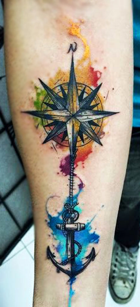 Watercolor Compass Arm Tattoo - MyBodiArt.com
