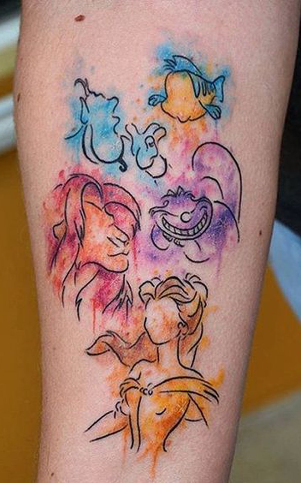 Watercolor Disney Character Arm Sleeve Tattoo Ideas for Women - Lion King Ariel Aladdin Genie Beast ad the Beast Belle - www.MyBodiArt.com