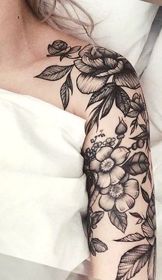Black and White Realistic Rose Tattoo Ideas for Women - Floral Full Arm Sleeve idées de tatouage pour les femmes - www.MyBodiArt.com