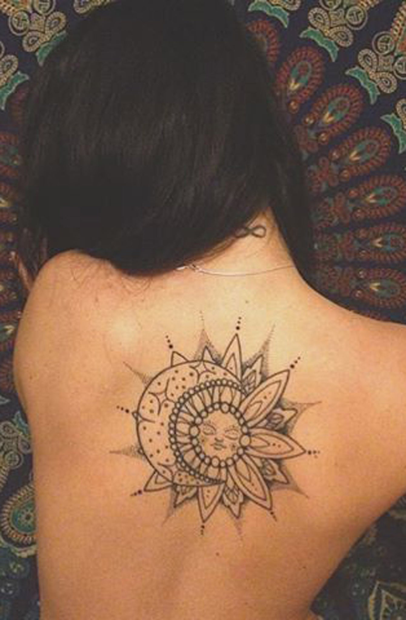 Black Geometric Sun & Moon Mandala Back Tattoo Idea Designs for Women -  Diseños geométricos negros de la mandala de la parte posterior del tatuaje del sol y de la luna de la mandala para las mujeres - www.MyBodiArt.com