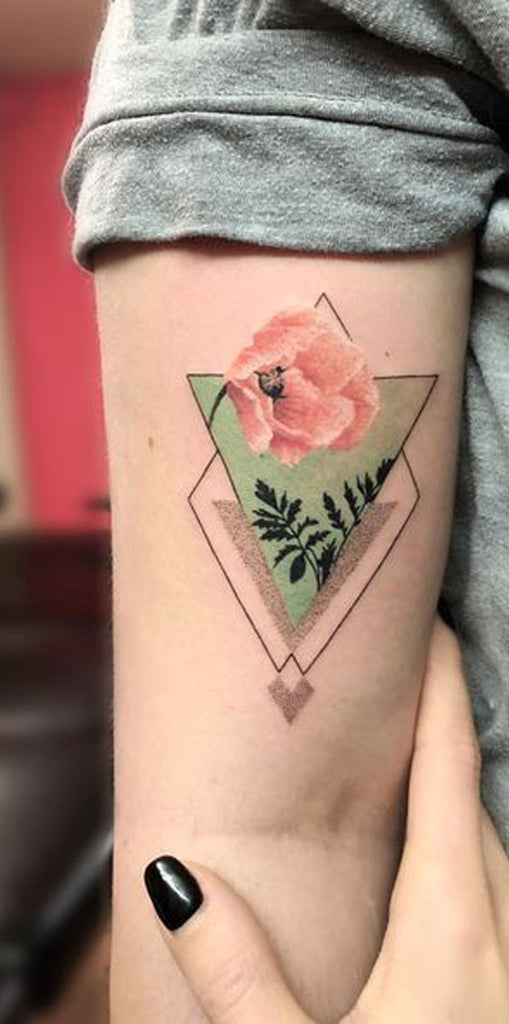 Unique Geometric Floral Flower Triangle Watercolor Forearm Tattoo Ideas for Women - www.MyBodiArt.com