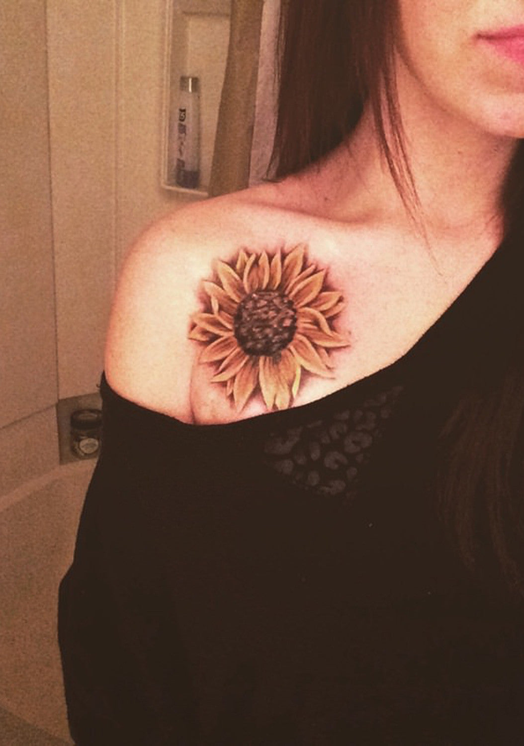 Vintage Sunflower Colored Flower On Shoulder Tattoo Ideas at MyBodiAr.com 