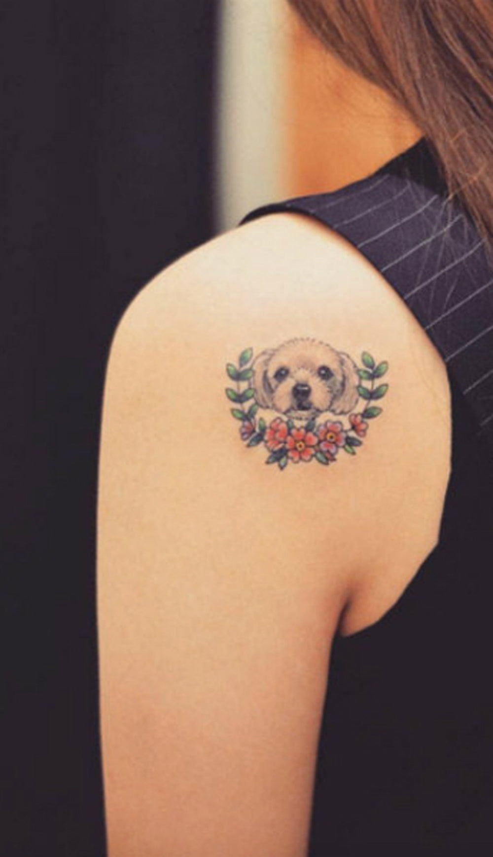 Memorial Dog Flower Wreath Back of Shoulder Tattoo Ideas for Women -  ideas de tatuaje de hombro de perro - www.MyBodiArt.com 
