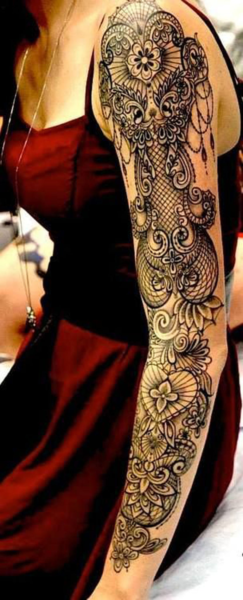 Black Lotus Lace Full Arm Sleeve Tattoo Ideas at MyBodiArt.com