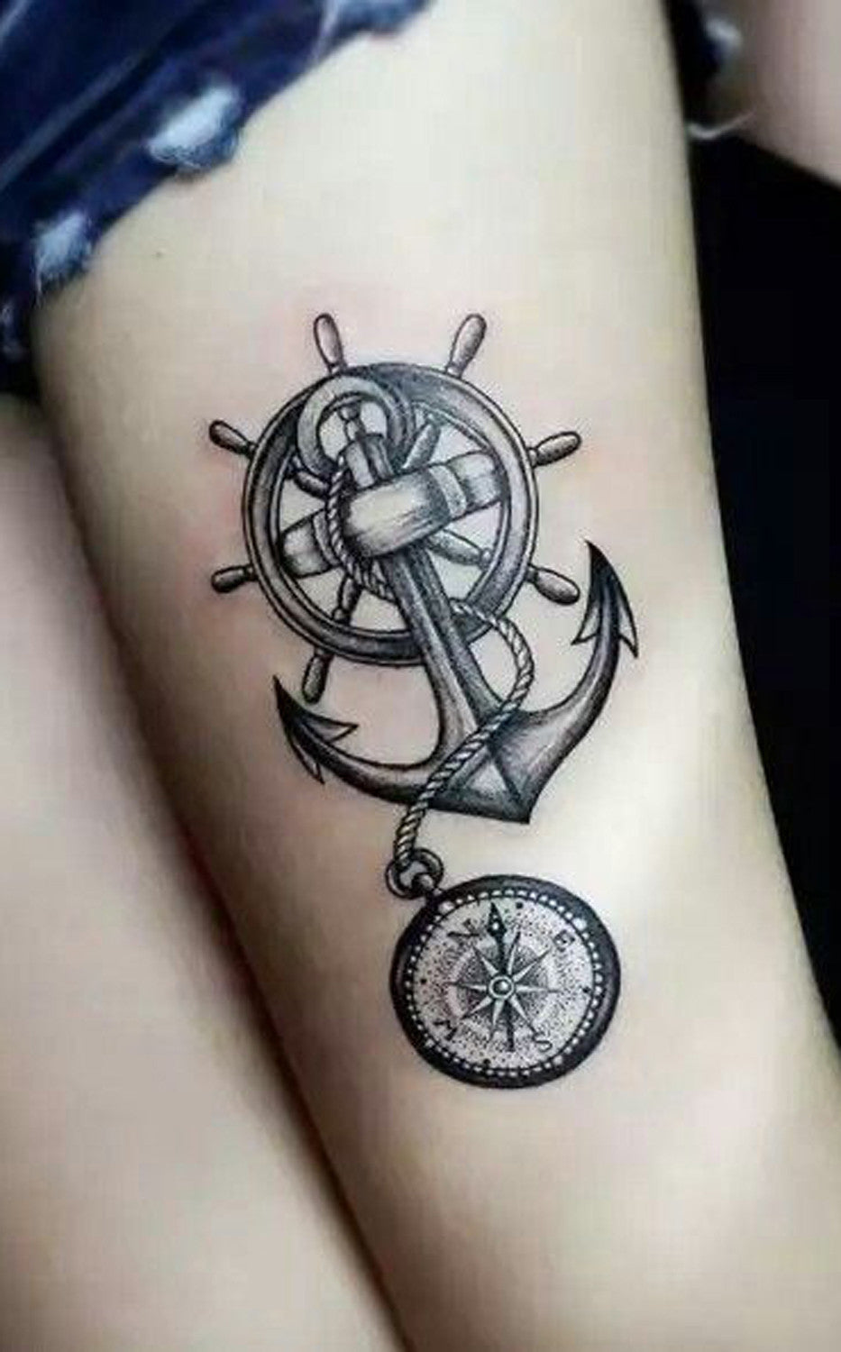 Vintage Compass Anchor Rudder Thigh Tattoo Ideas for Women at MyBodiArt.com