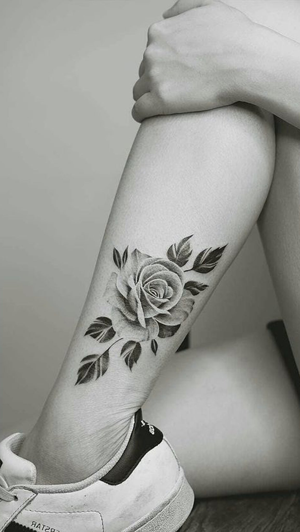 Vintage Rose Leg Tattoo Ideas for Women - Traditional Black Flower Calf Tat - www.MyBodiArt.com #tattoos