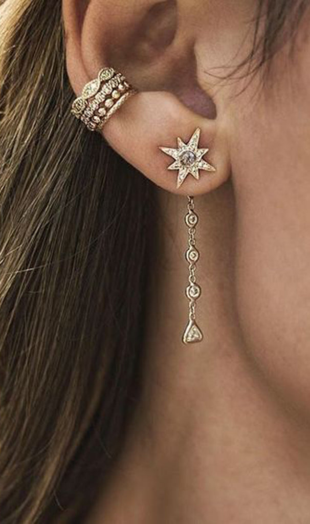 Dangle Gold Star Earring - Ear Jacket Piercing Jewelry Ideas - MyBodiArt.com