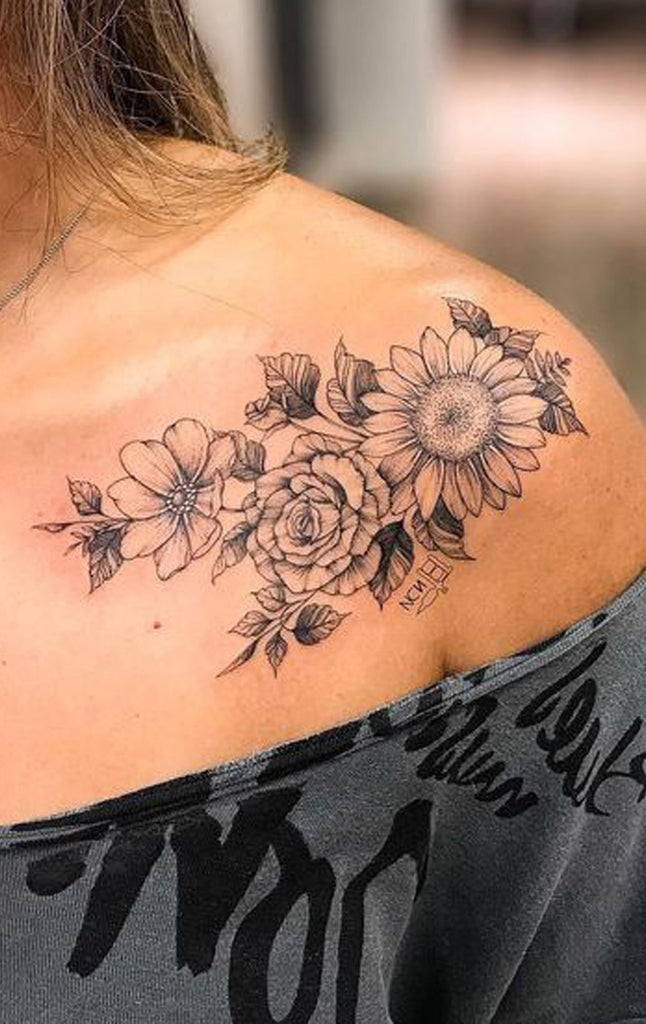 Vintage Traditional Floral Flower Sunflower Shoulder Tattoo Ideas for Women - www.MyBodiArt.com