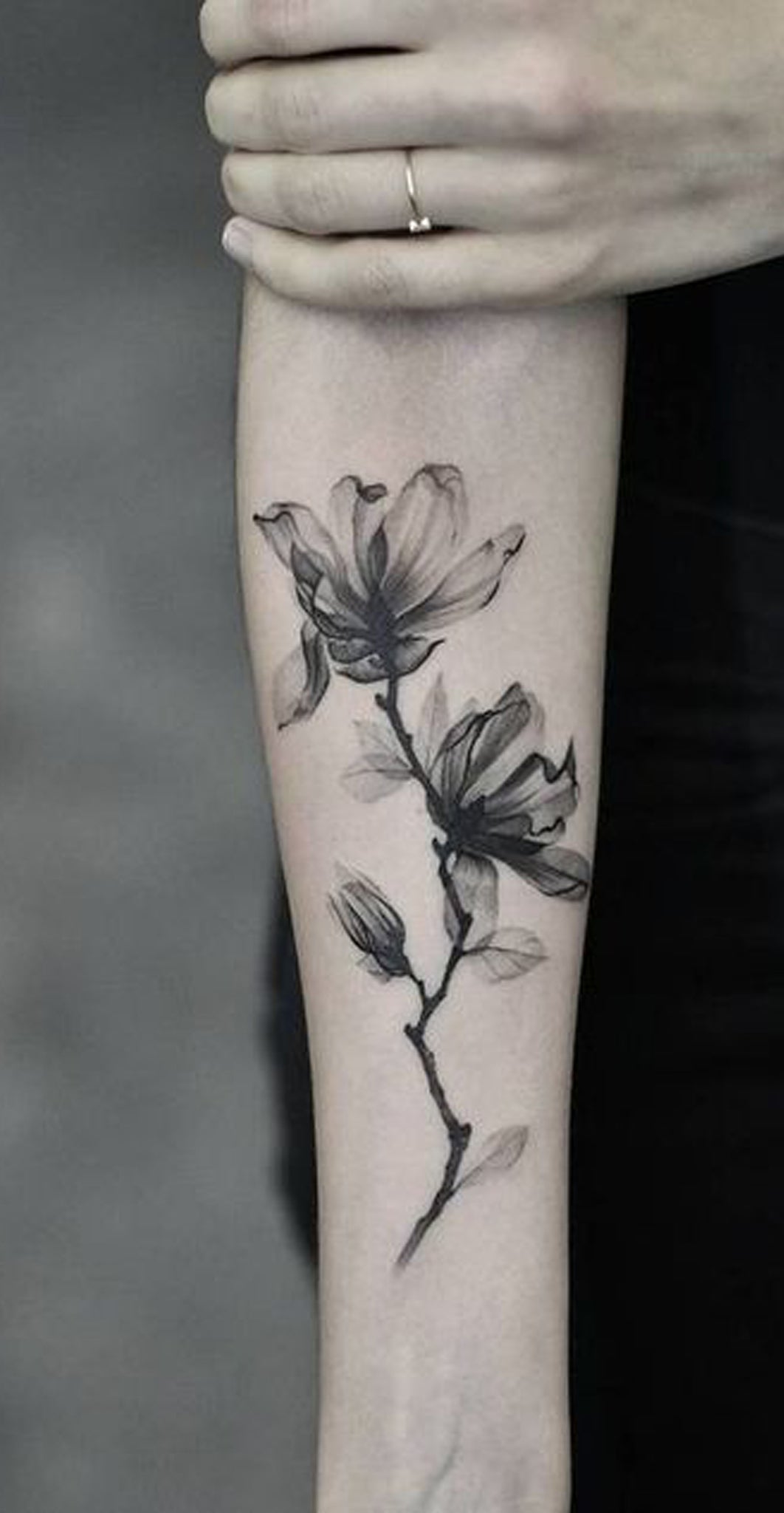 Watercolor Black Magnolia Forearm Tattoo Ideas for Women - www.MyBodiArt.com #tattoos