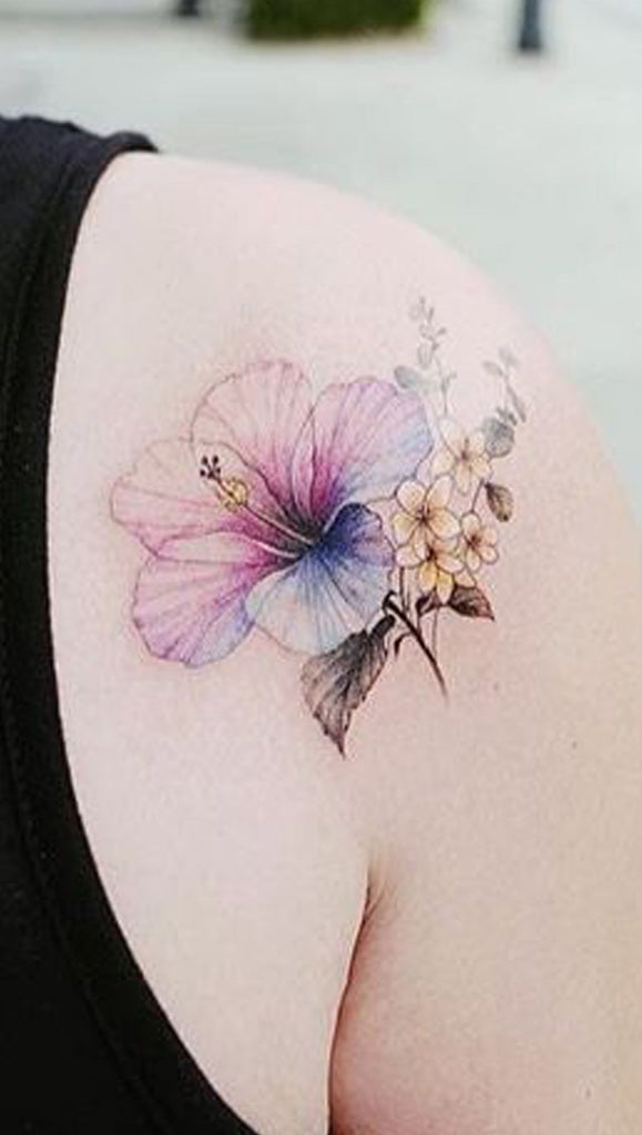 Cute Watercolor Floral Flower Shoulder Back Tattoo Ideas for Women - www.MyBodiArt.com