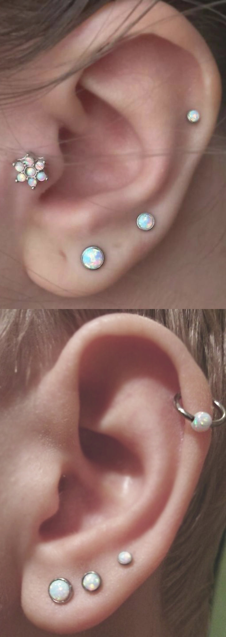 Delicate Opal Ear Piercing Ideas at MyBodiArt.com - Flower Tragus Earring - Triple Lobe Studs - Opal Cartilage Ring 