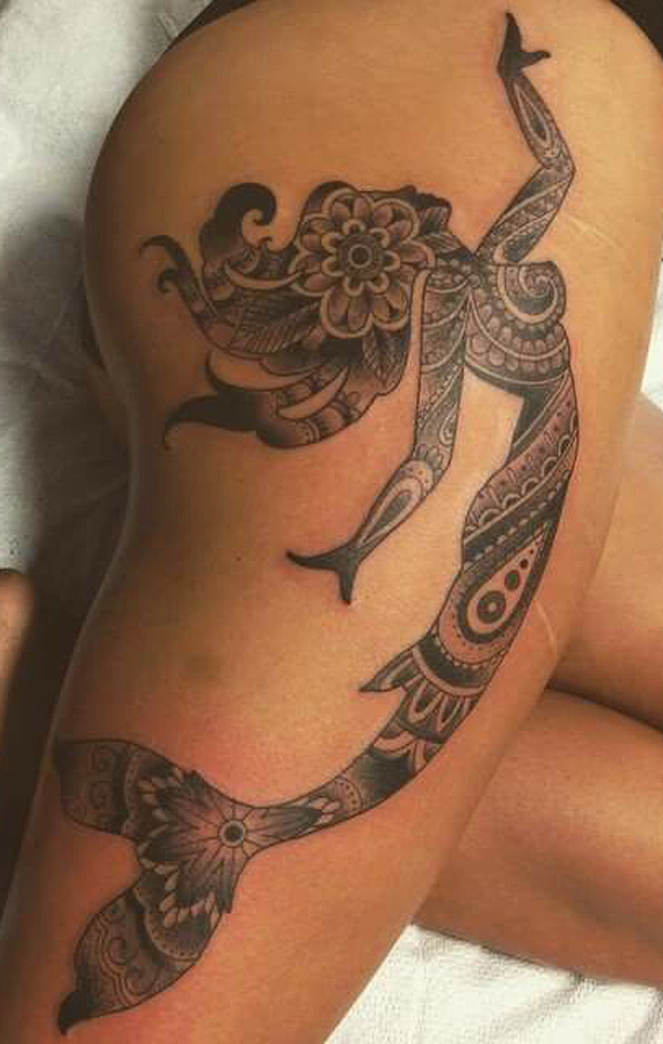 Mermaid Mandala Thigh Tattoo Ideas for Women at MyBodiArt.com - Large Pinup Tatt