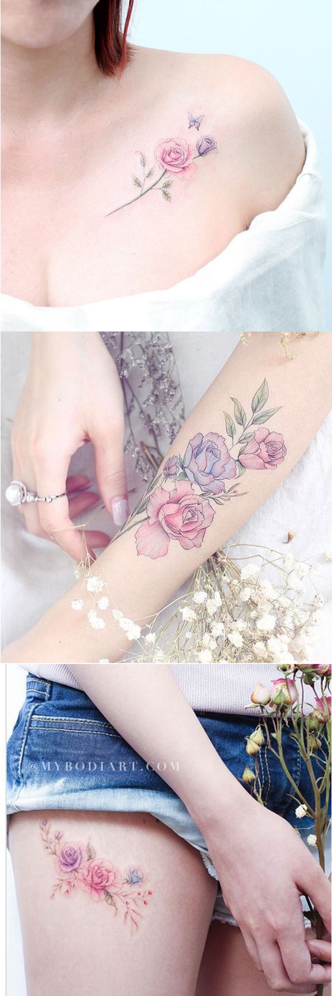 Delicate Watercolor Tattoo Ideas for Women Opal Floral Flower Pink Blue Shoulder Forearm Thigh Tattoos - www.MyBodiArt.com