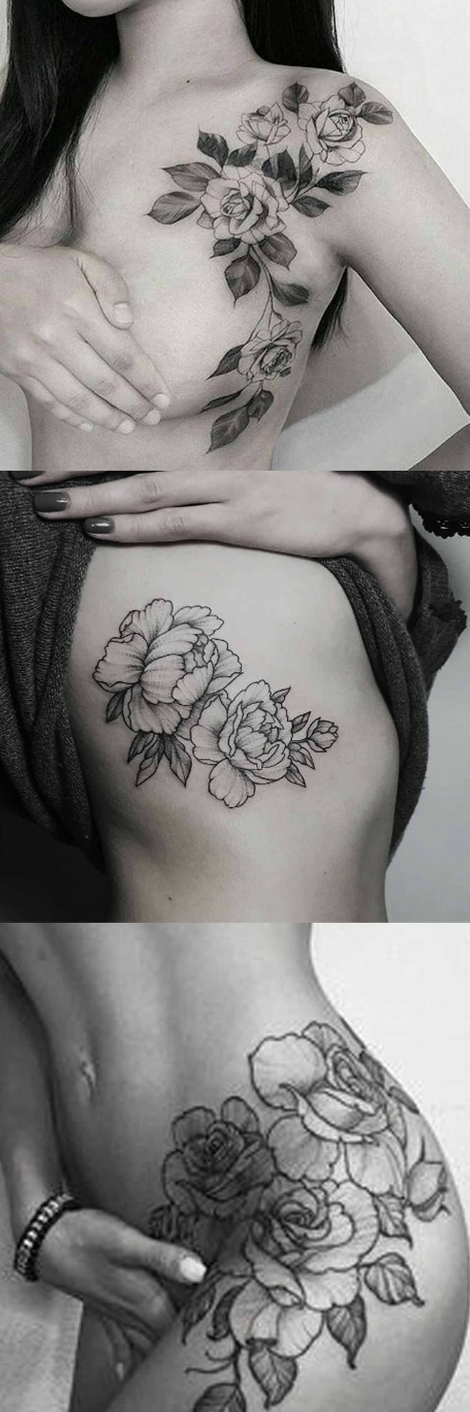 Wild Rose Tattoo Ideas at MyBodiArt.com - Shoulder Flower Tatt - Black Thigh Rib Tat