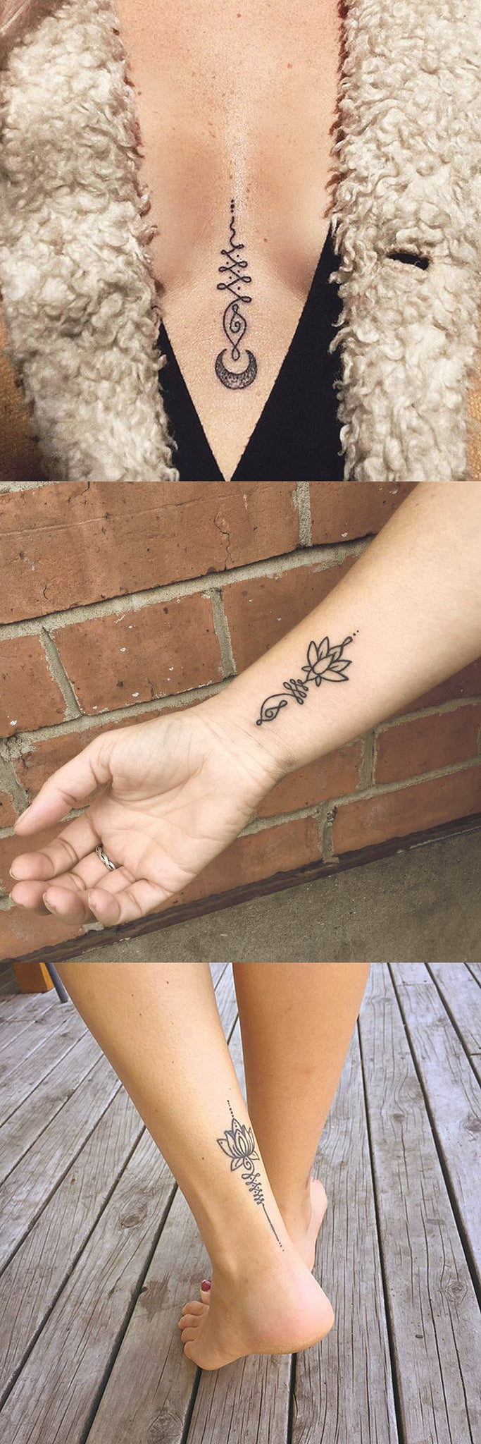 Unalome Lotus Simple Small Tattoo Ideas - Floral Flower Wrist Sternum Ankle Leg at MyBodiArt.com