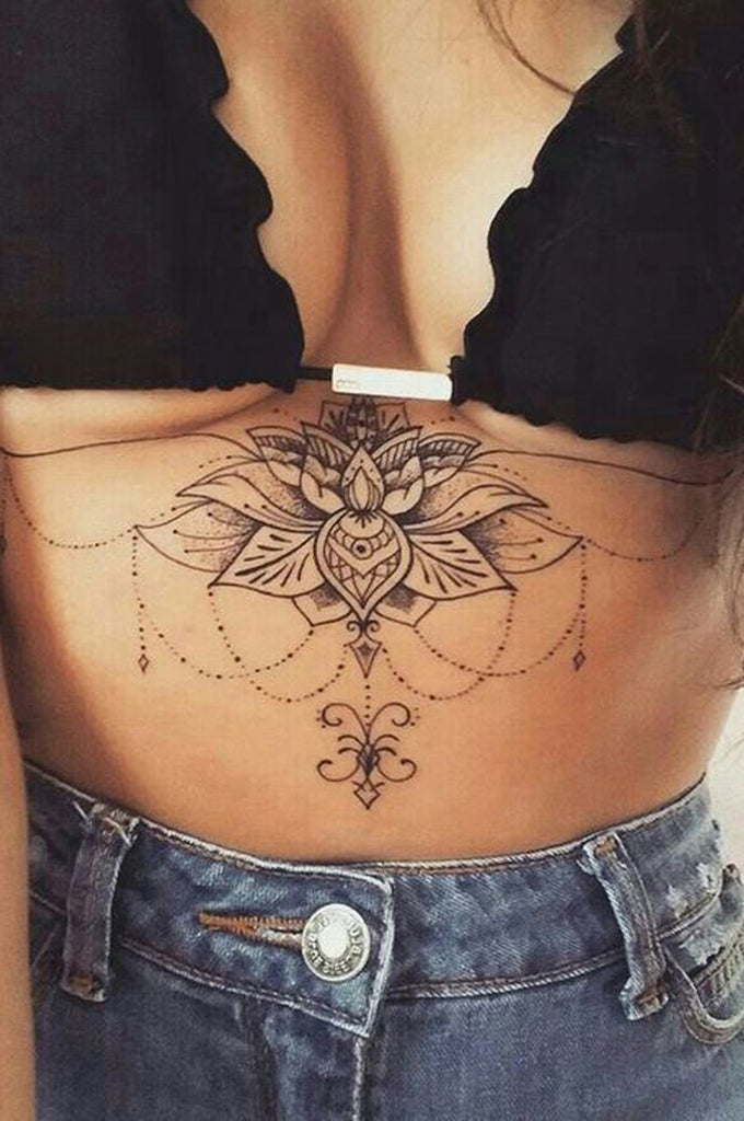 Cool Unique Lotus Chandelier Mandala Sternum Tattoo Ideas for Women - www.MyBodiArt.com 
