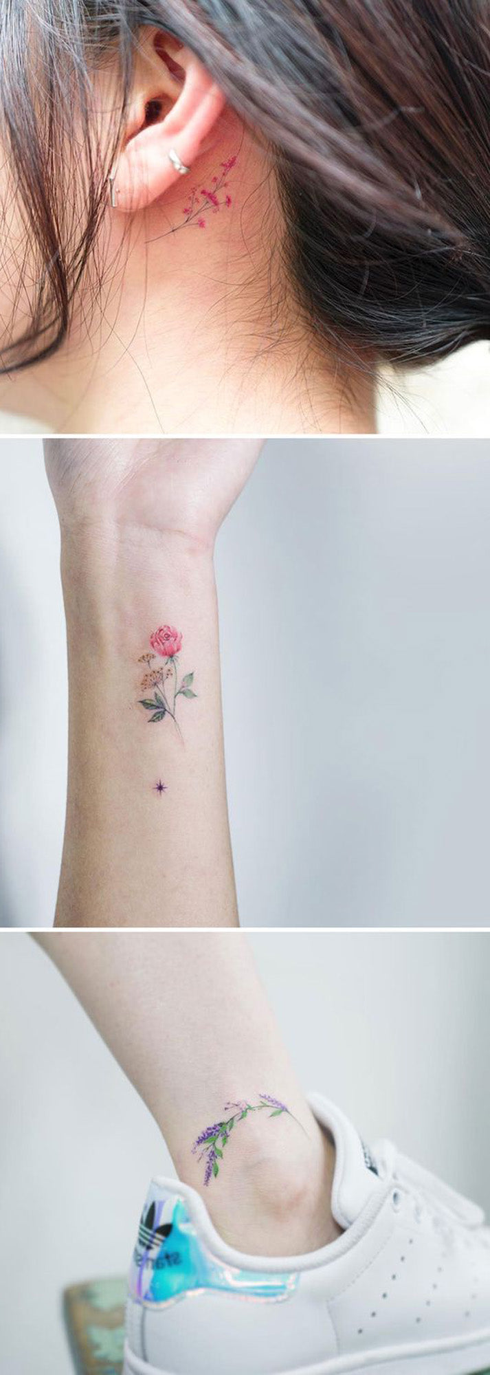 Delicate Watercolor Small Floral Flower Wrist Ankle Back of Ear Tattoo Ideas for Women -  pequeñas ideas de tatuajes de flores de acuarela para las mujeres - www.MyBodiArt.com