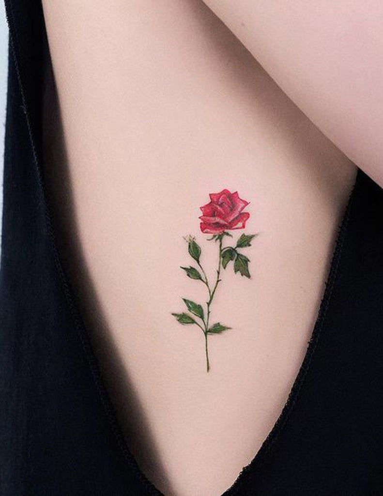 Watercolor Small Single Rose Rib Tattoo Ideas for Women Floral Flower Side Tattoos - www.MyBodiArt.com