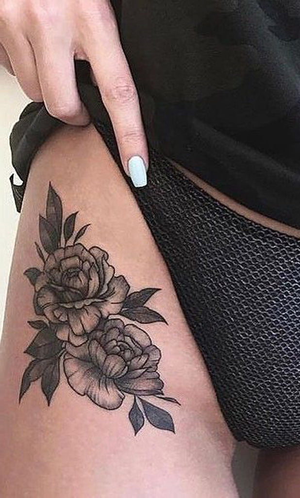 Shaded Black Rose Thigh Tattoo Ideas for Women - www.MyBodiArt.com