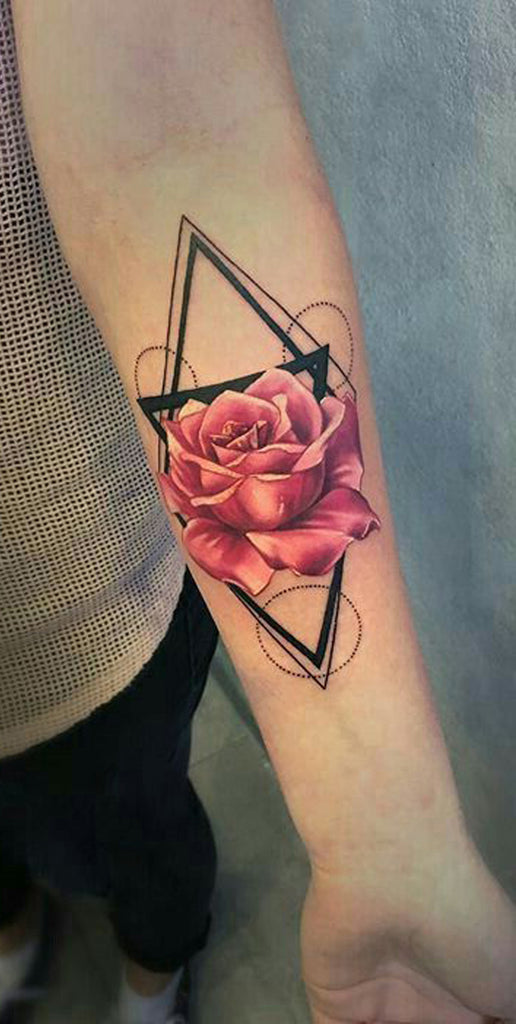 Geometric Watercolor Rose Forearm Tattoo Ideas for Women -  ideas del tatuaje del antebrazo color de rosa de la acuarela para las mujeres - www.MyBodiArt.com #tattoos
