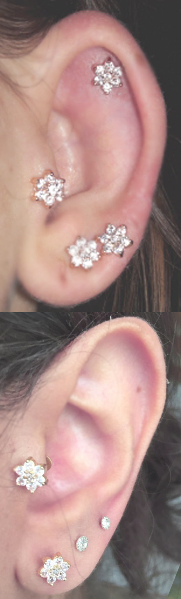 Dainty Ear Piercing Combinations Ideas for Upper Ear, Cartilage, Tragus, Conch, Rook, Daith - Crystal Flower Earring Stud 16G